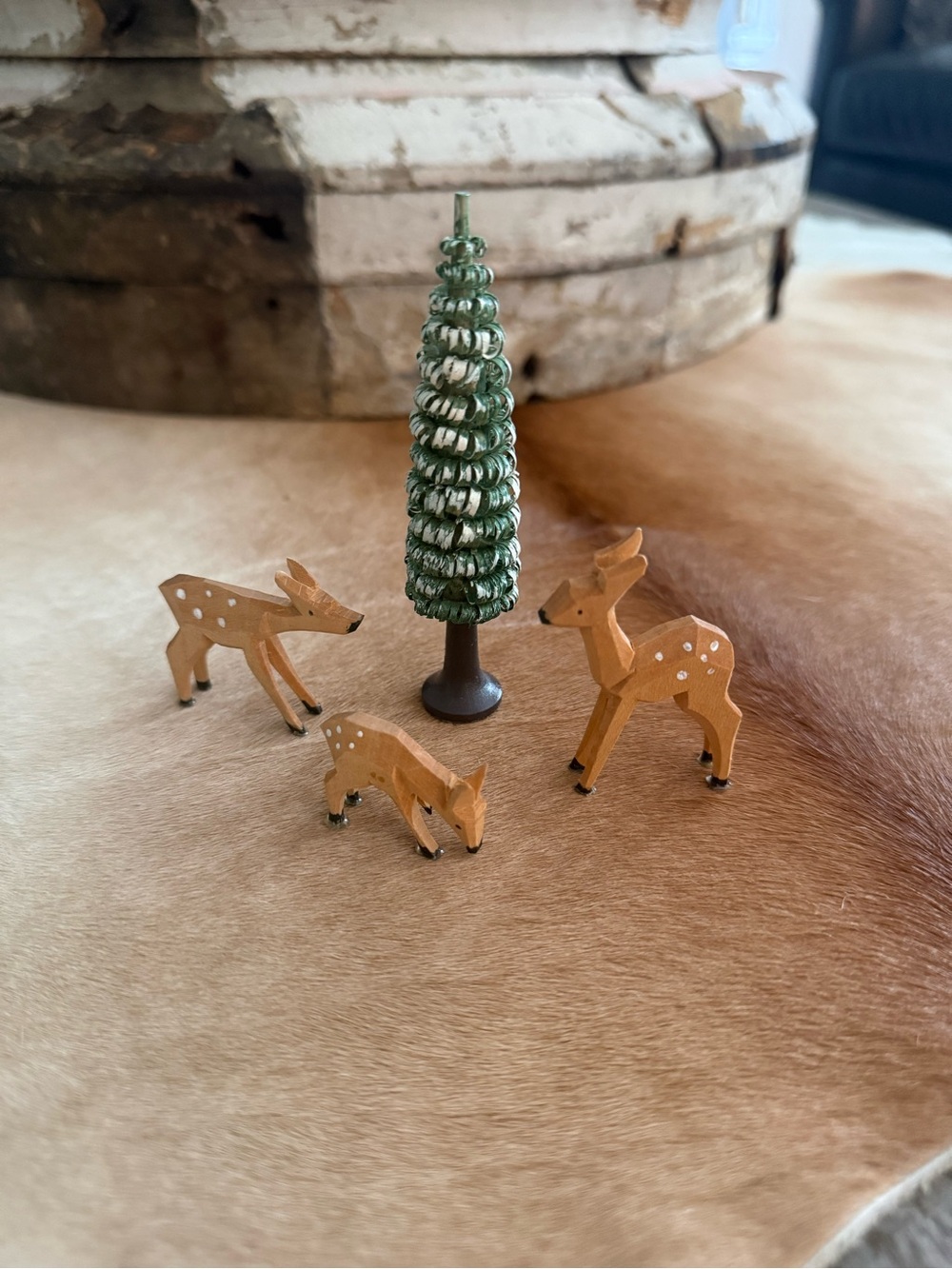 Hand Carved Wood Set of 4 Winter Deer Figural Miniatures with Green Tree